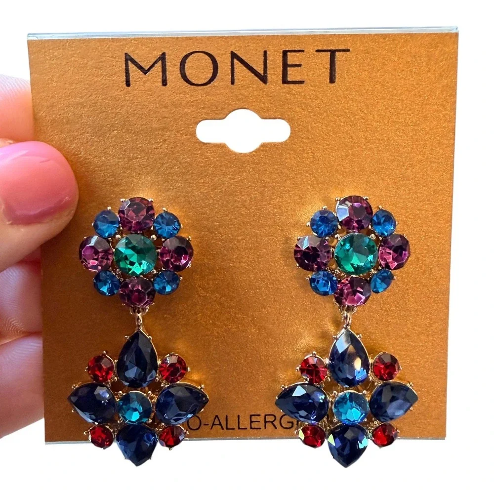 Vintage Y2K Monet Multicolor Crystal Statement Earrings Sample One of a Kind